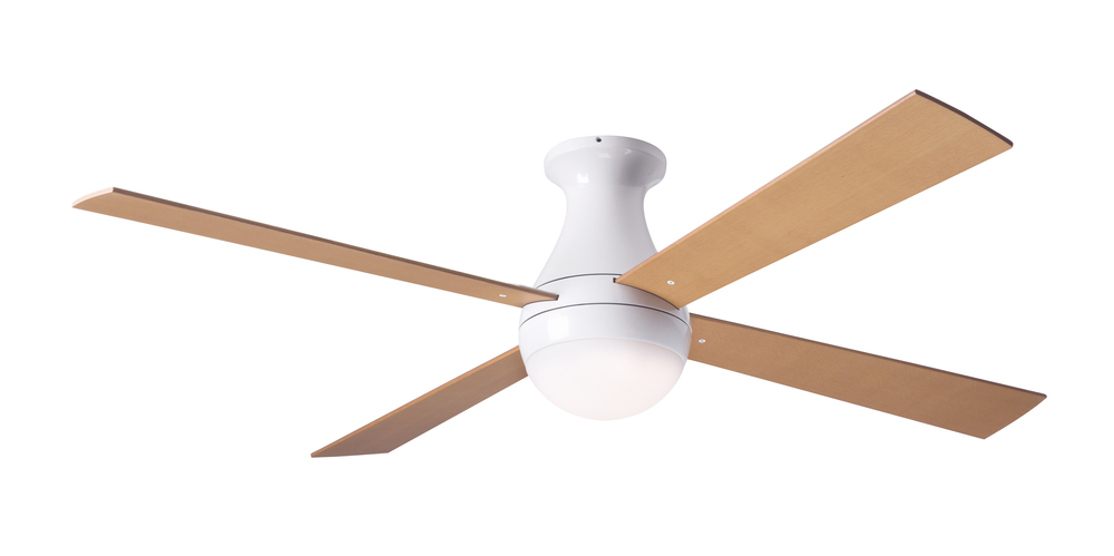 Ball Flush Fan; Gloss White Finish; 52" Maple Blades; 20W LED; Wall Control with Remote Handset