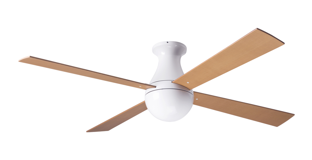 Ball Flush Fan; Gloss White Finish; 42" Maple Blades; No Light; Handheld Remote Control (2-wire)