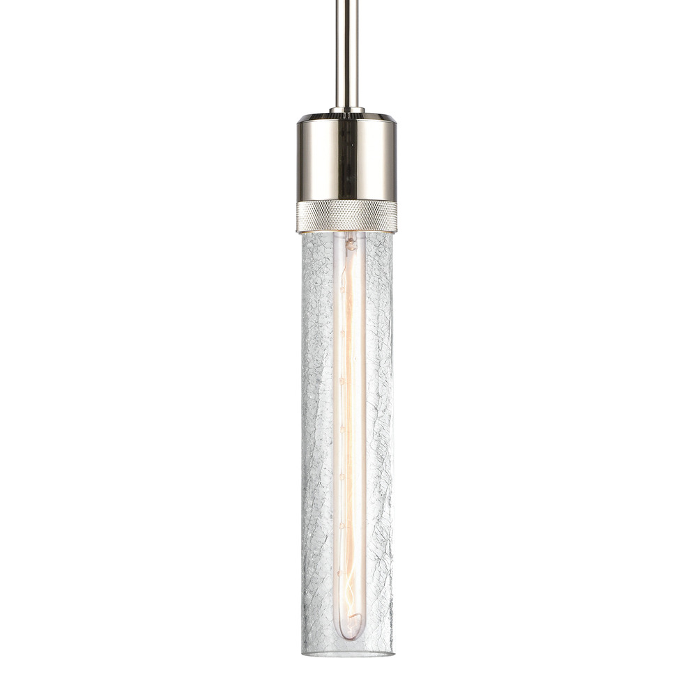3" E26 Cylindrical Pendant Light, 12" Crackled Glass and Polished Nickel Finish