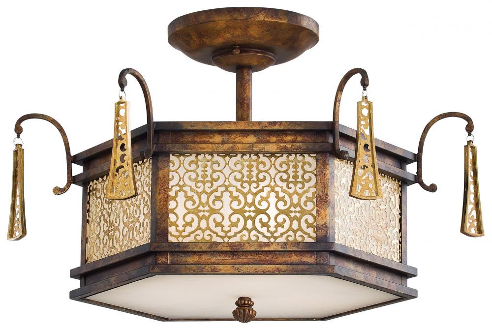 Three Light Frosted Glass Vineyard Patina Drum Shade Semi-Flush Mount